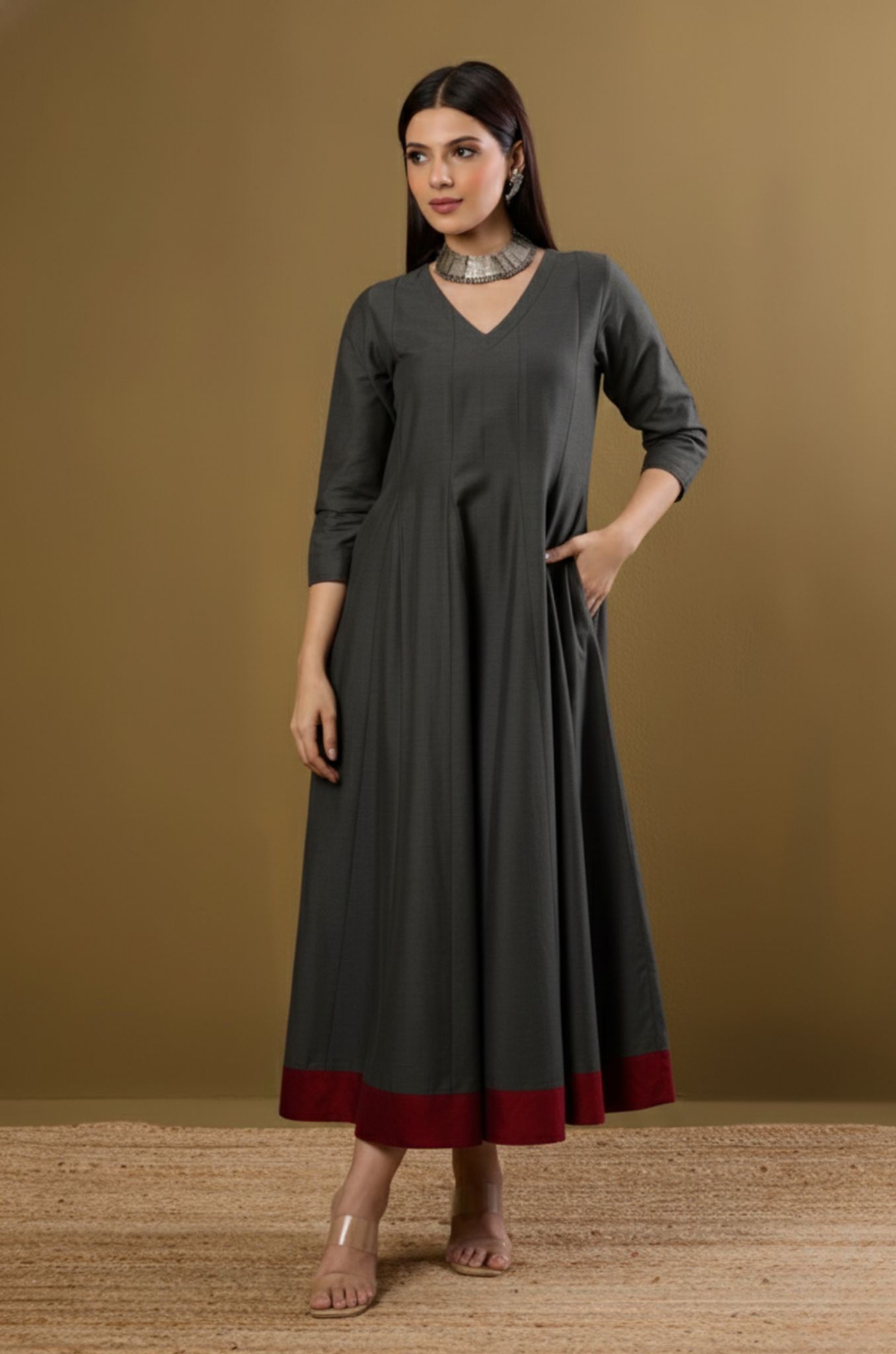Maati  Garnet Grey Luxe Silk Slub Long Maxi Dress With Sleeves
