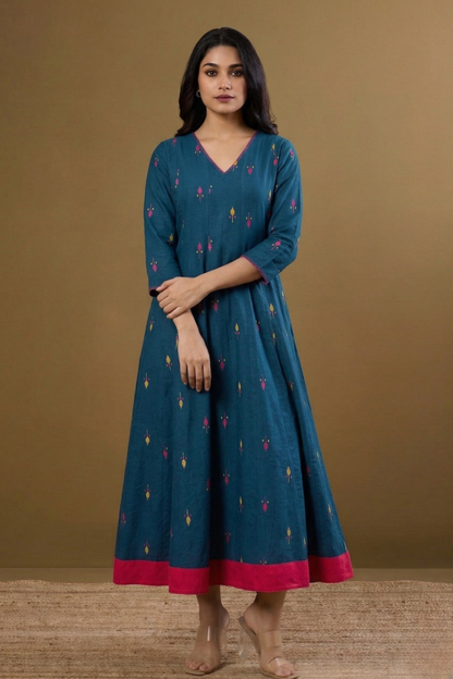 Blueberry Bloom Motifs Long Maxi Dress With Sleeves Mc
