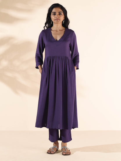 trueBrowns Purple Viscose Dobby Slit Kurta Pant Set