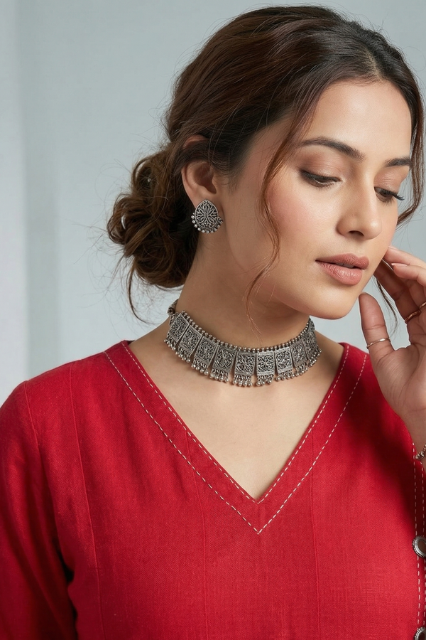 Cayenne Red Essence Cotton Long Maxi Dress With Sleeves Mc