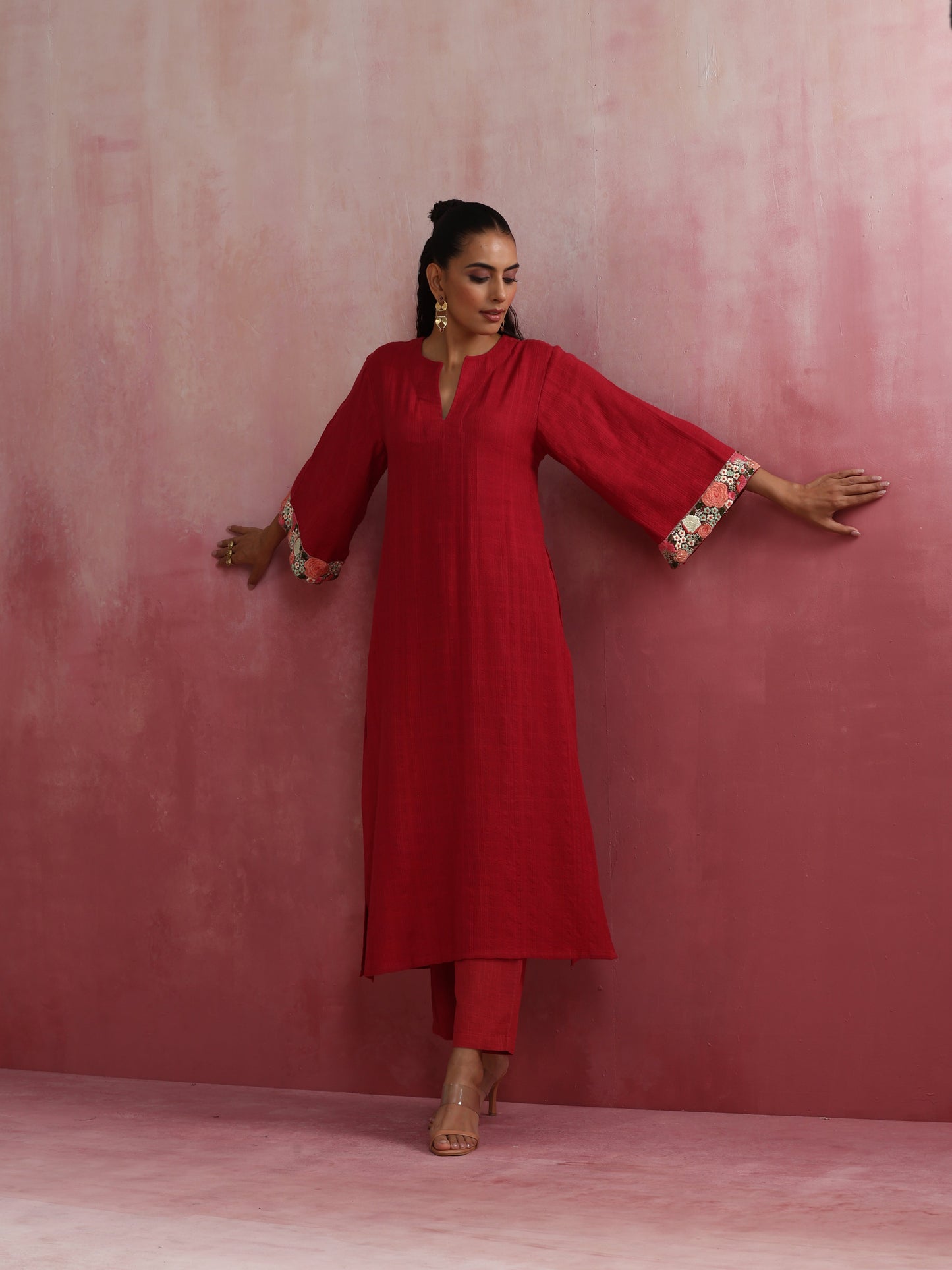 trueBrowns Red Straight Cotton Dobby Kurta Set