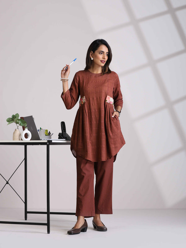 trueBrowns Brown Cotton Dobby Kurta Co-ord set