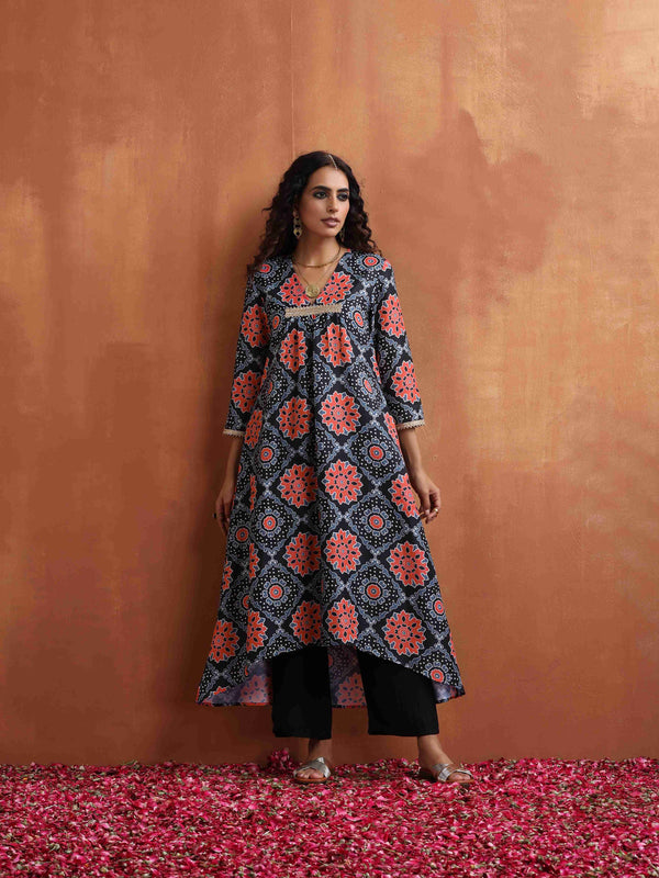 trueBrowns Black Ajrak Print Kurta Set