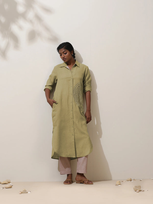trueBrowns Fern Green Crochet Natural Cotton Kurta Pant Set