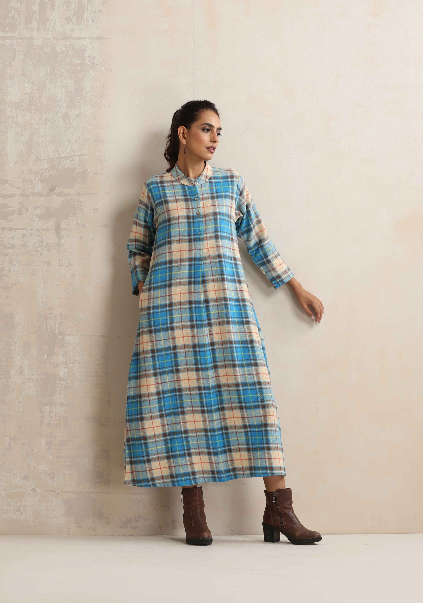 trueBrowns Beige Check Flared Winter Dress