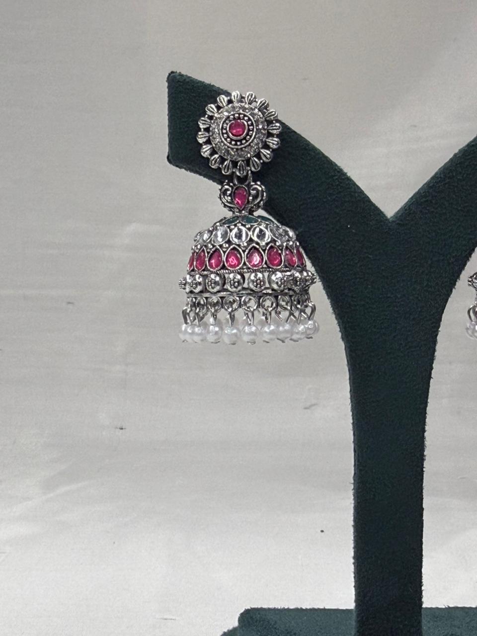 Oxidised Silver Polki & Pink Stone Jhumka Earrings