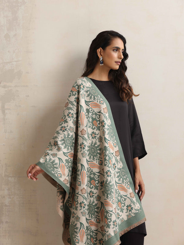trueBrowns Green Floral Woven Reversible Stole