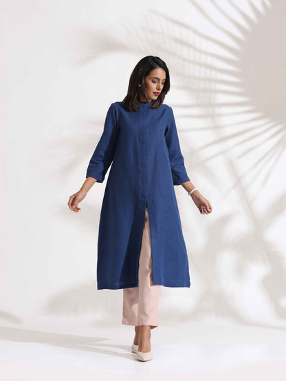 trueBrowns Blue Slub Kurta Set