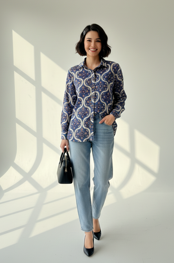 Maati  Tribal Blue Cotton Button Down Shirt