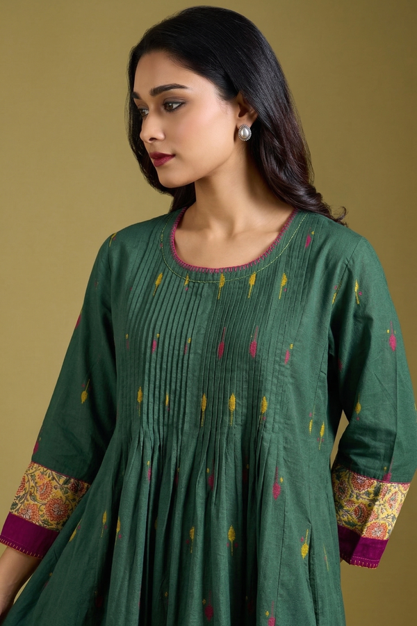 Green Cardamom Butti Pintuck Yoke & Sleeve Kalidar Kurta Mc
