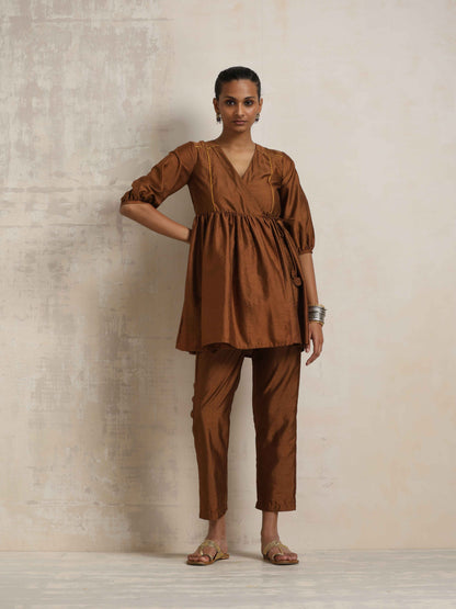 trueBrowns Brown Silk Angrakha Co-ord Set