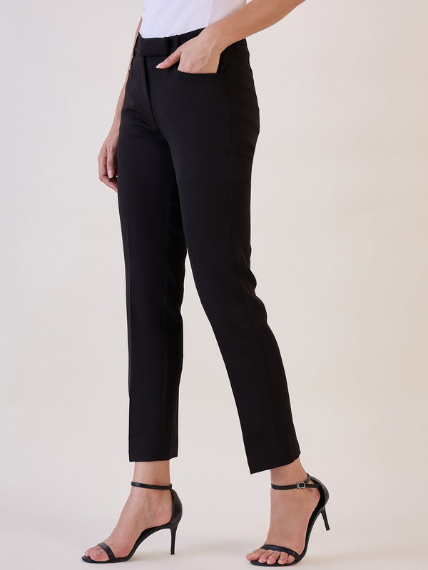 Slim Fit Mid Waist Stretch Pants- Black