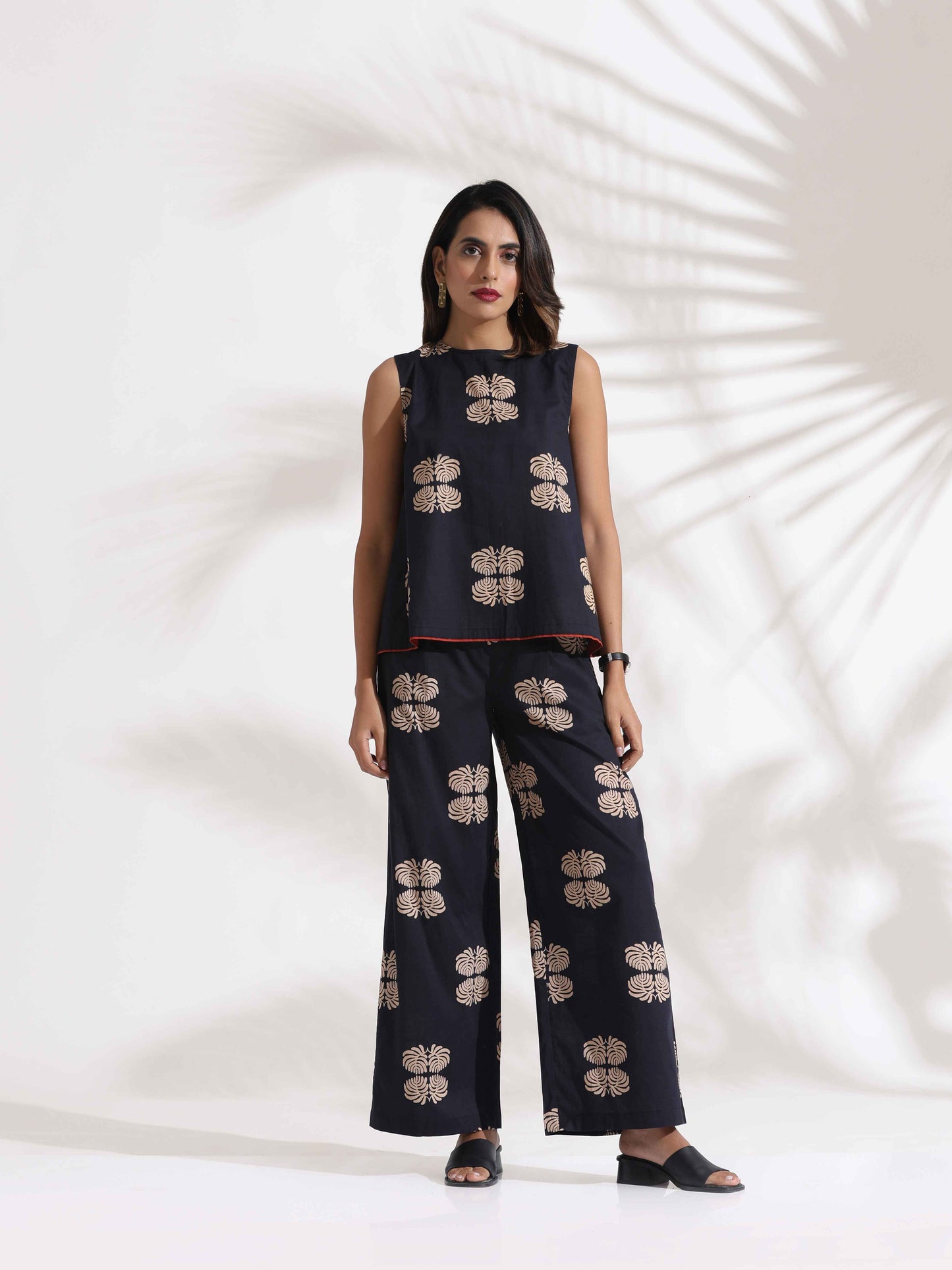 trueBrowns Black Cotton Print Top & Flared Pants Co-ord Set