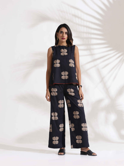 trueBrowns Black Cotton Print Top & Flared Pants Co-ord Set