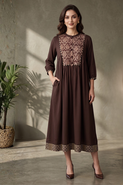 Espresso Ease Modal Gather Dress With Yoke Mc