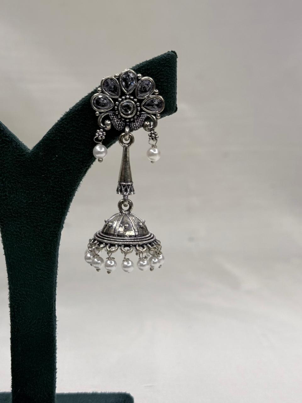 Oxidised Metal Circular Hanging Earrings with White Beads