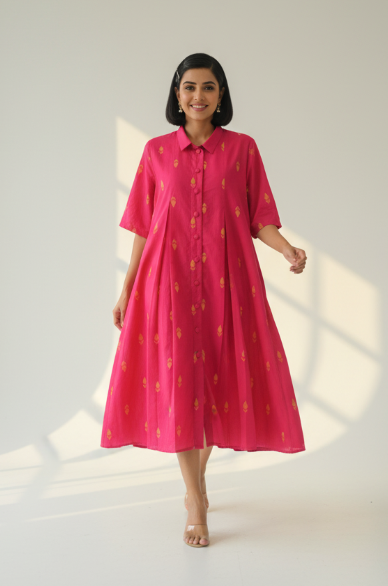 Maati  Sunlit Pink Cotton Box Pleat Button Down Shirt Dress