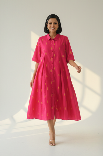 Maati  Sunlit Pink Cotton Box Pleat Button Down Shirt Dress