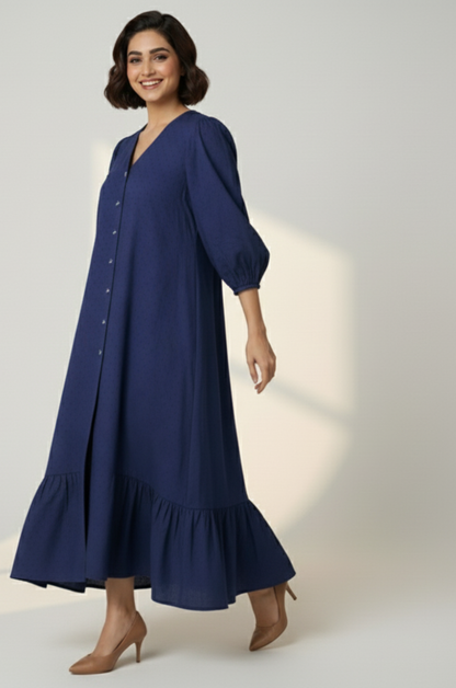 Maati  Cosmic Violet Front Button Cotton Dress With Ruffle Border