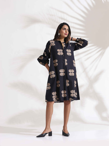 trueBrowns Black Cotton Print Short Dress