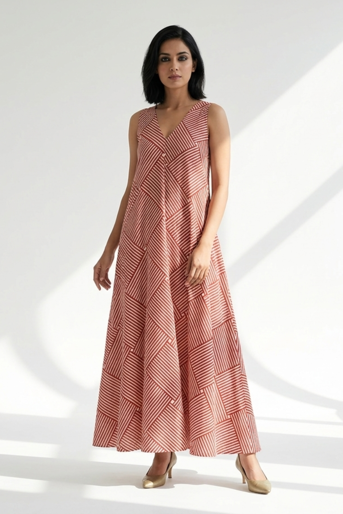 Crimson Grid Play Cotton Sleeveless Strap V-Neck Bias Dress