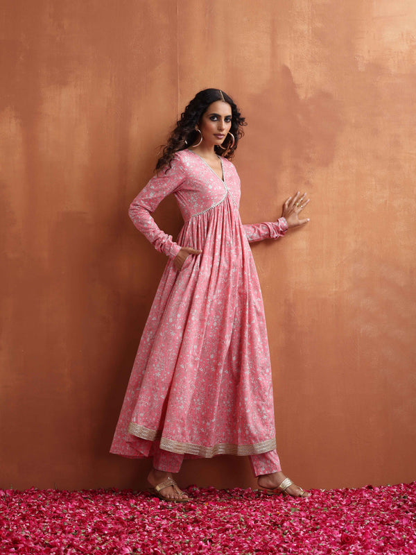 trueBrowns Pink Print Flared Anarkali Kurta Set