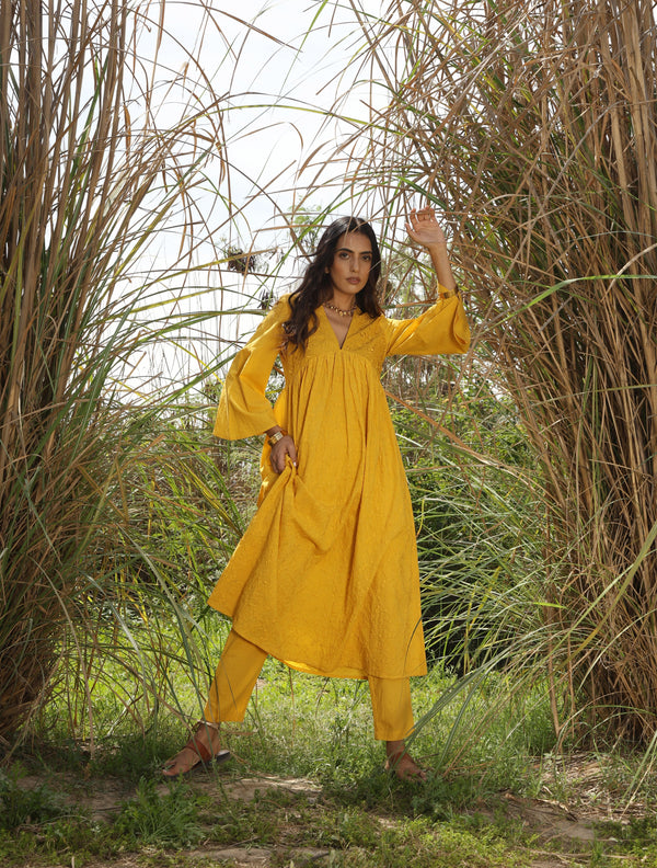 trueBrowns Mustard Cotton Embroidered Flared Kurta Set