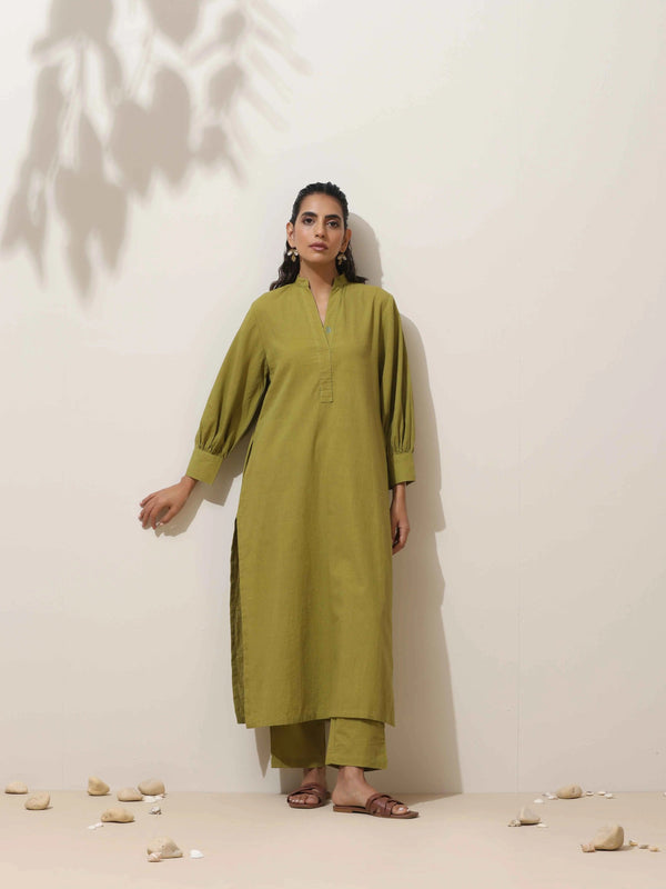 trueBrowns Pear Green Cotton Linen Kurta Pant Set