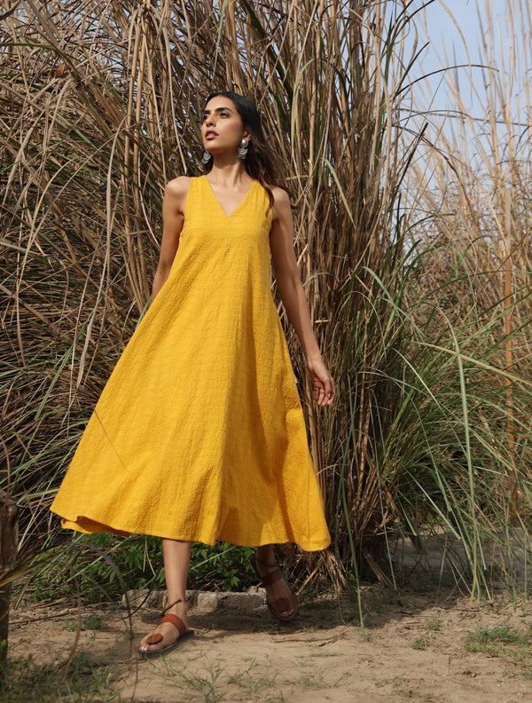 trueBrowns Mustard Cotton Embroidered Flared Dress
