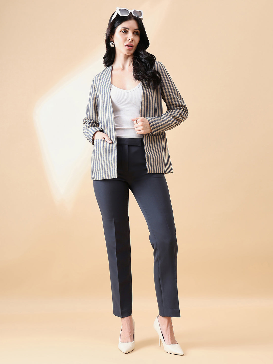 Stripe Poly Linen Blazer - Navy and Beige