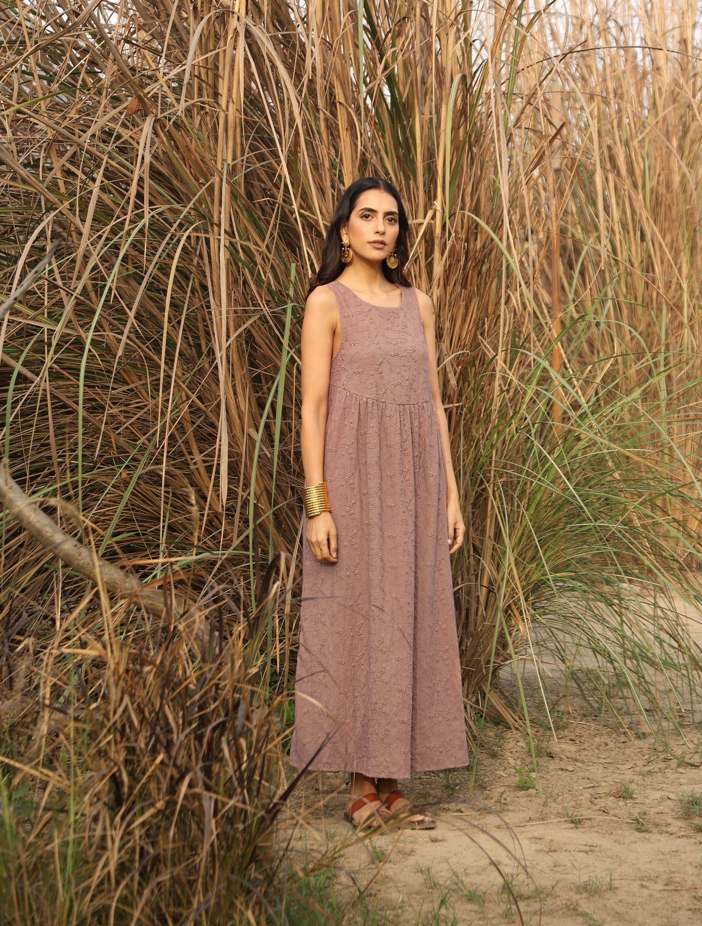 trueBrowns Pink Cotton Embroidered Flared Dress