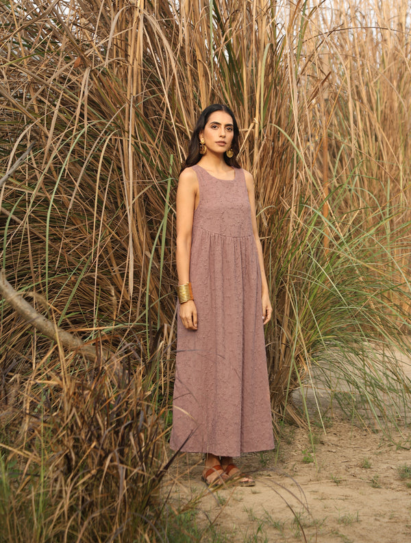 trueBrowns Pink Cotton Embroidered Flared Dress