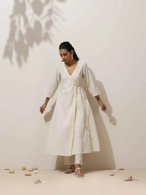 trueBrowns Off White Cotton Angrakha Kurta Pant Set