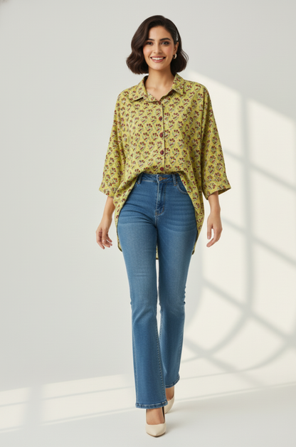 Maati  Mint Blossom Handblock Printed  Everyday Cotton Shirt