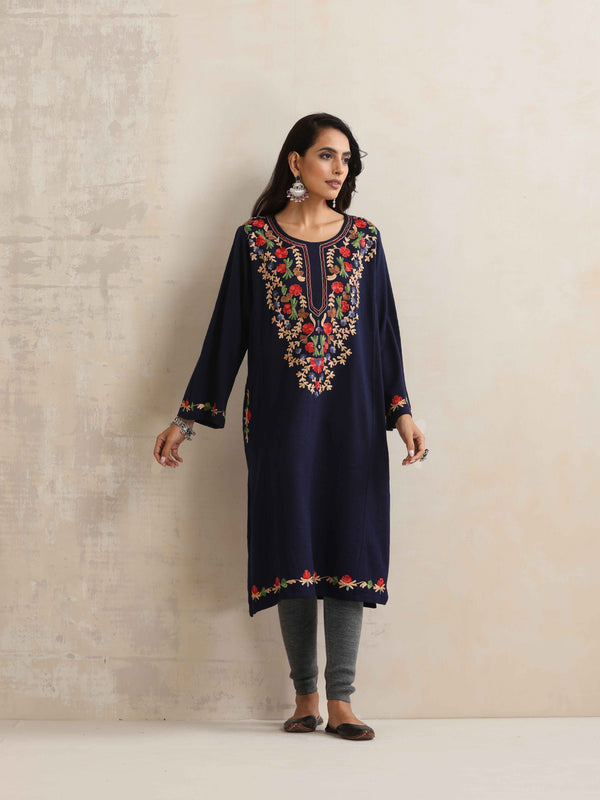 trueBrowns Blue Kashmiri Embroidered Woollen Phiran Kurta