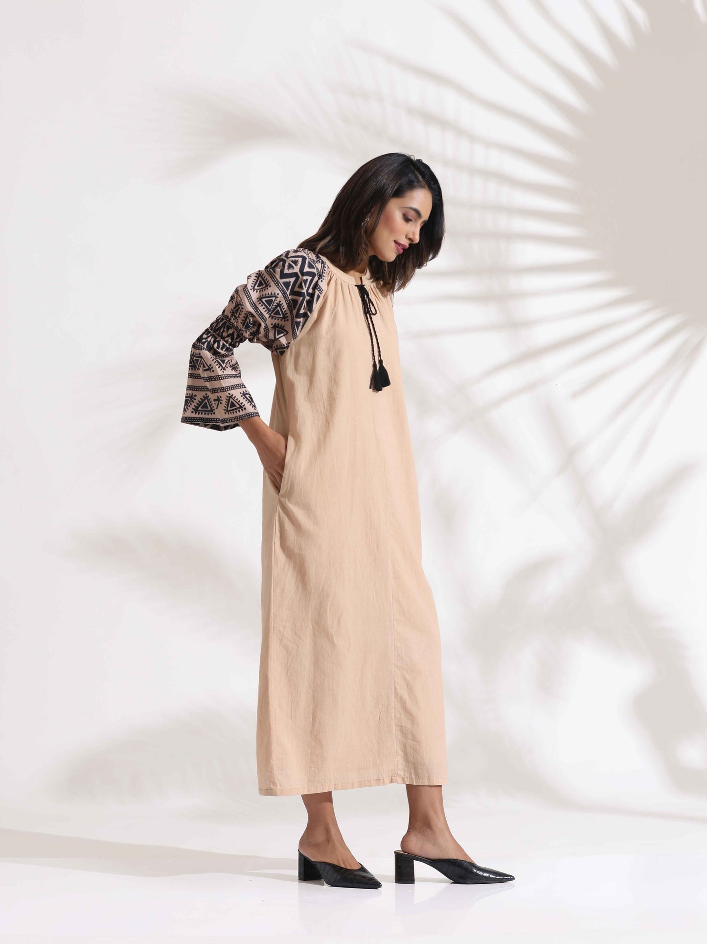 trueBrowns Beige Cotton Print Long Dress