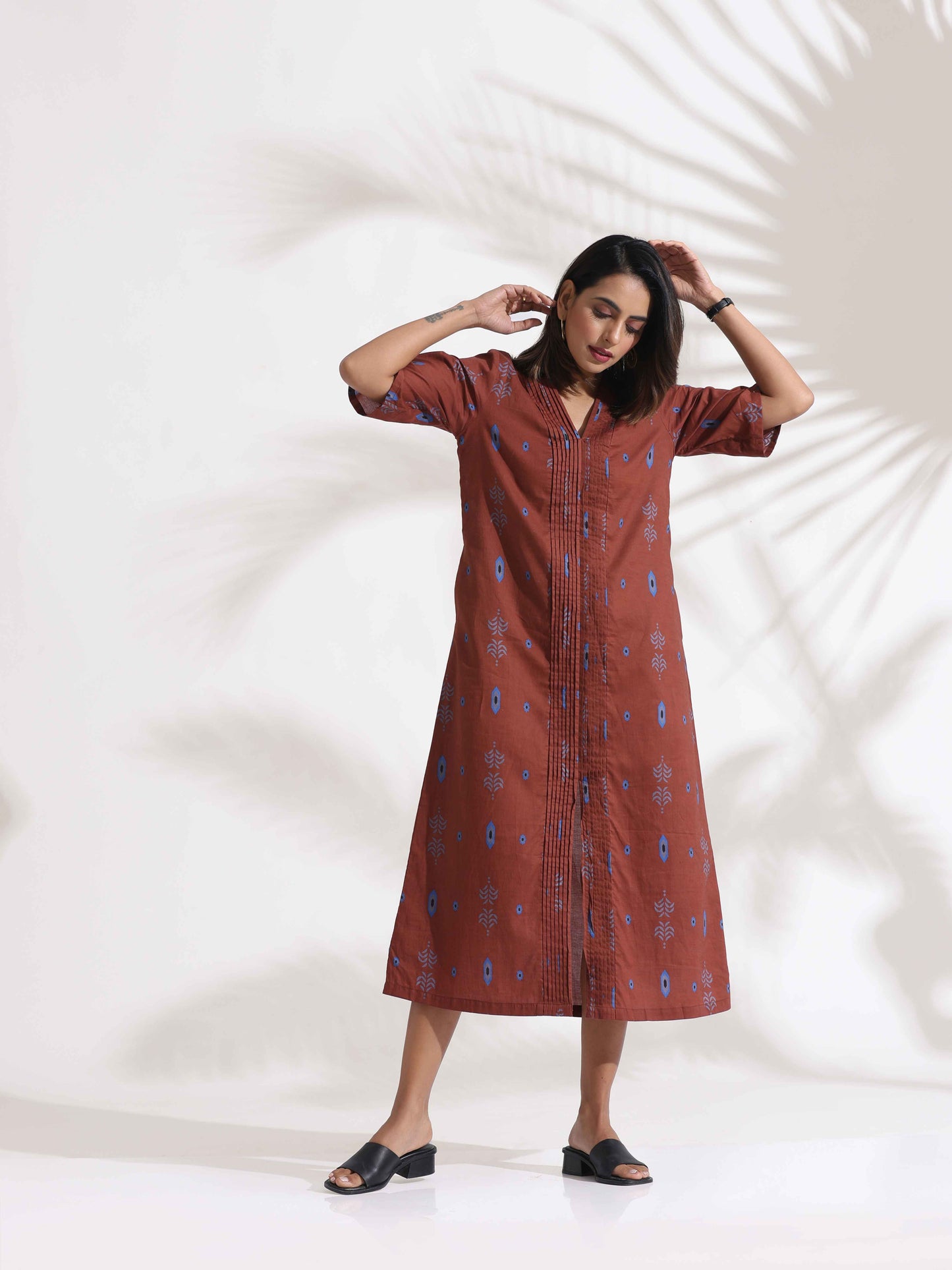 trueBrowns Brown Cotton Print pleated Dress