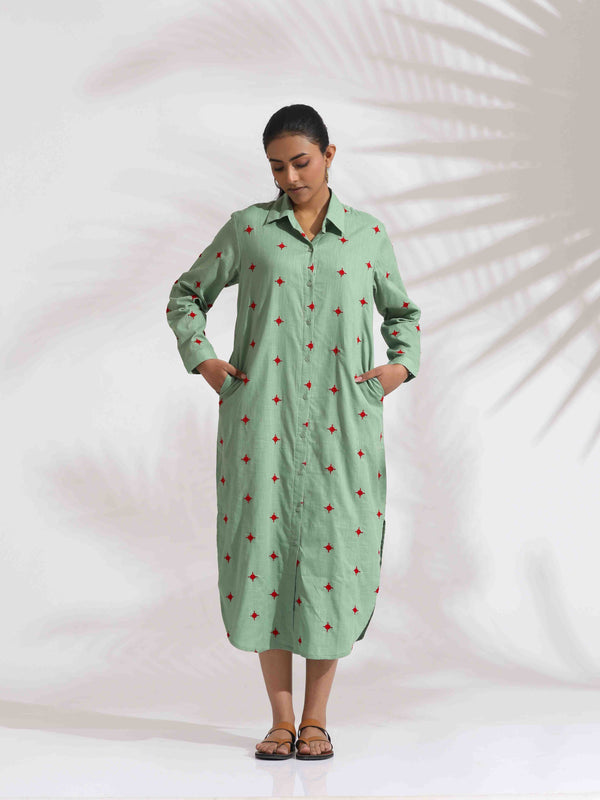 trueBrowns Green Cotton Embroidered Shirt Dress