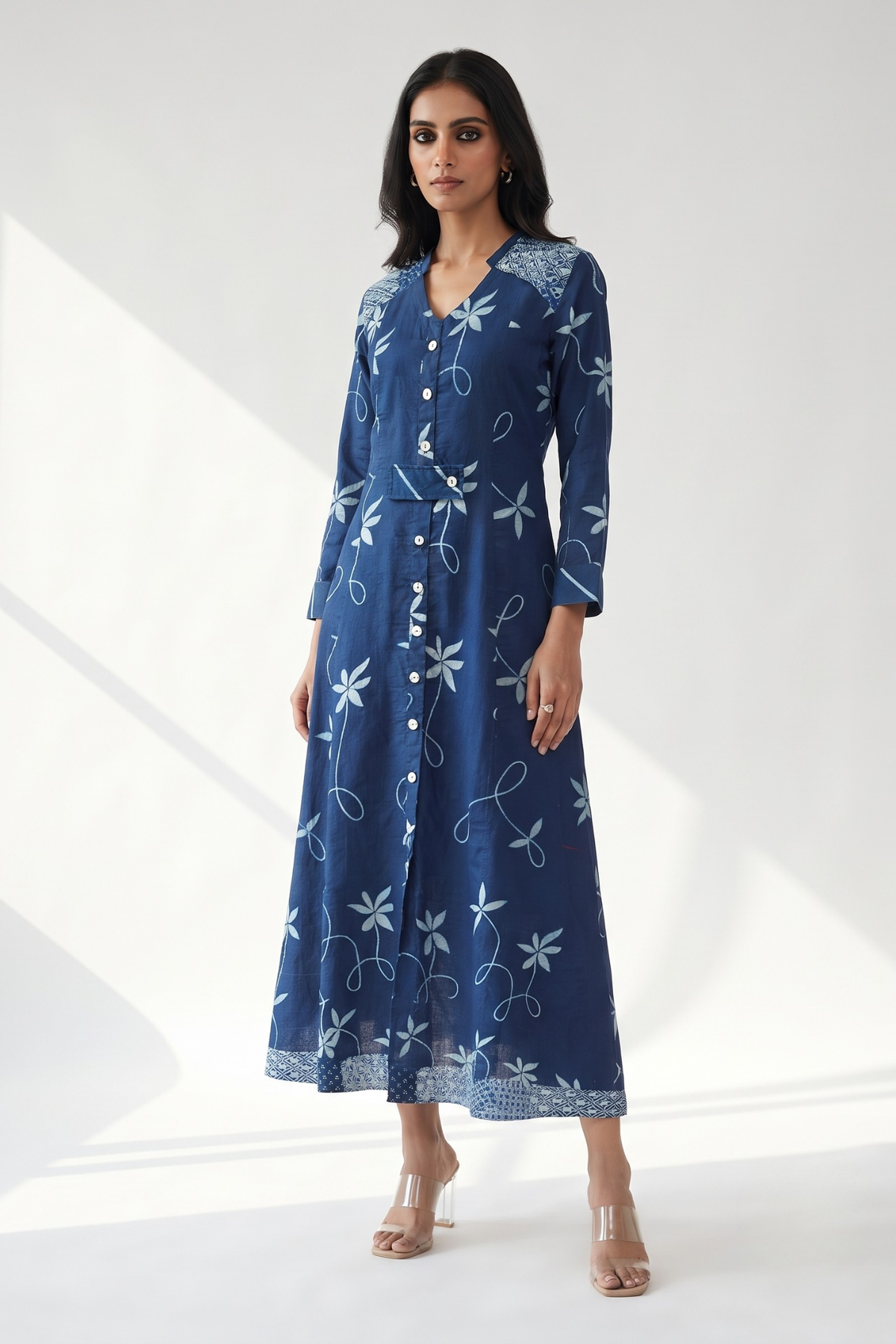 Indigo Vine Trail Cotton Long Button Down Dress