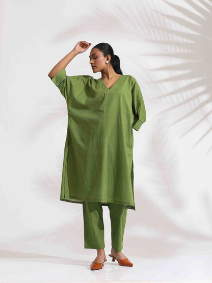 trueBrowns Green Cotton Placement Print Kurta Co-ord Set