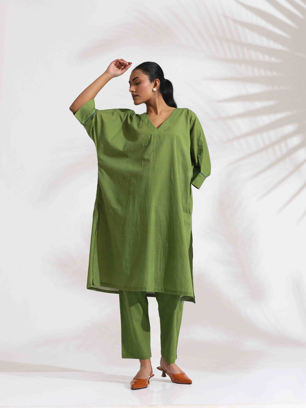 trueBrowns Green Cotton Placement Print Kurta Co-ord Set