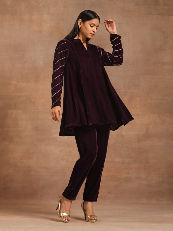 trueBrowns Wine Velvet Sleeve Embroidered Co-ord Set