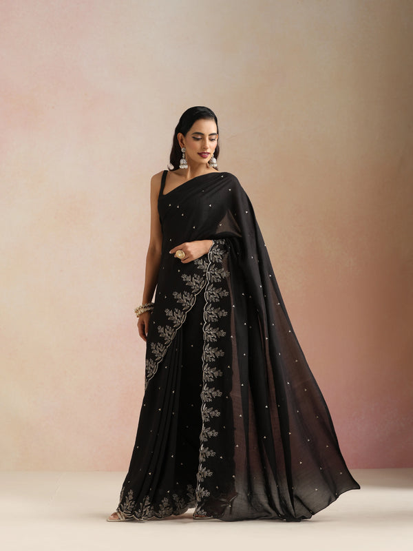 trueBrowns Black All Over Zari Embroidered Saree With Unstitched Blouse