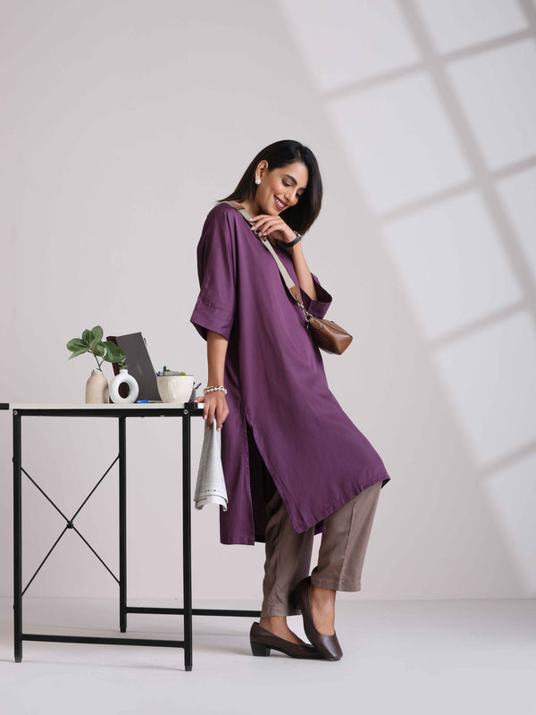 trueBrowns Purple Modal Kimono Kurta Set
