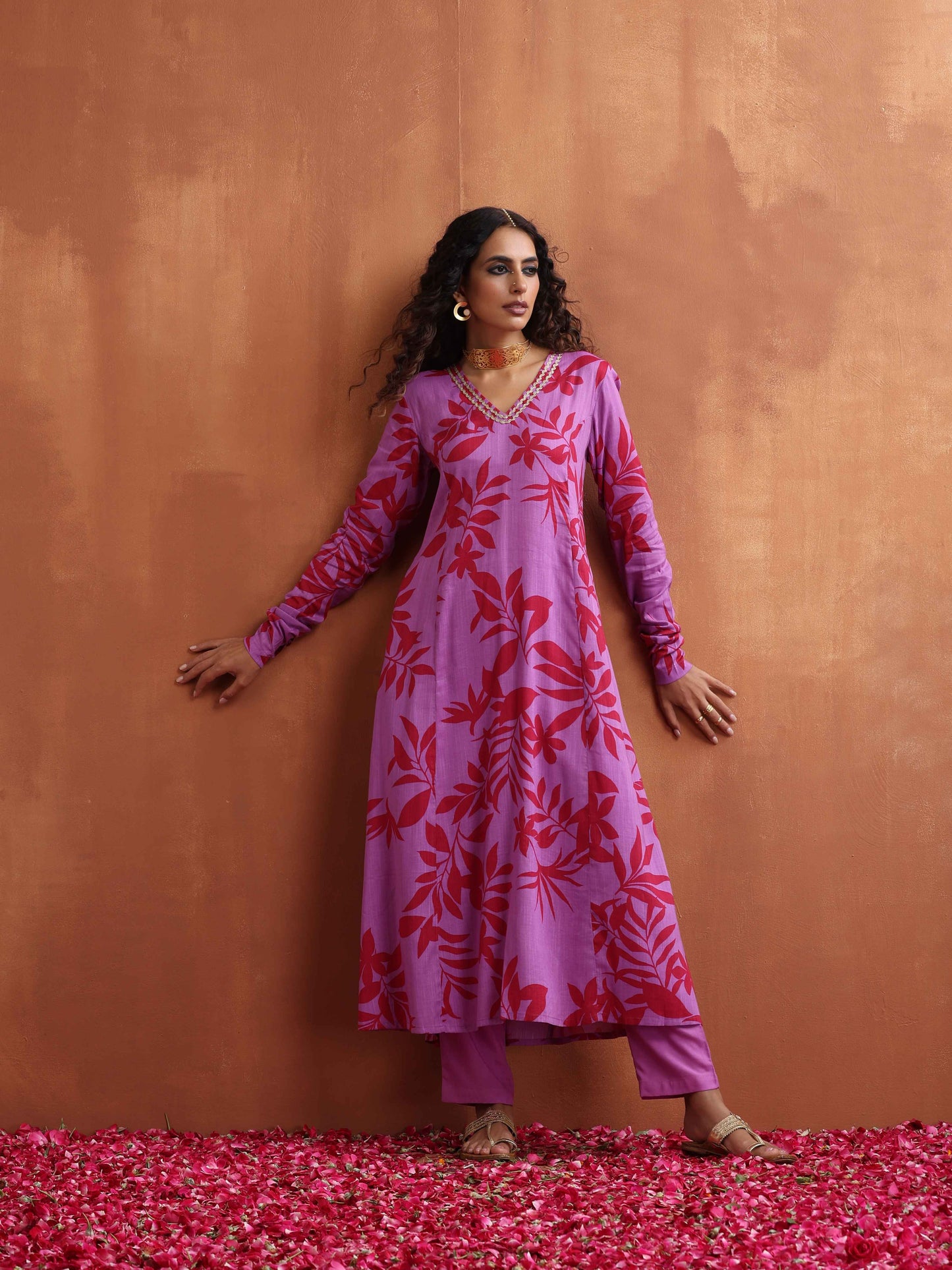 trueBrowns Purple Print A-line Kurta Set