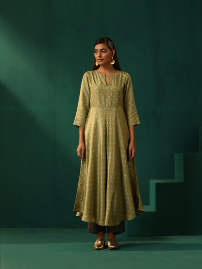 trueBrowns Green Square Viscose Silk Flared Kurta Pant Set