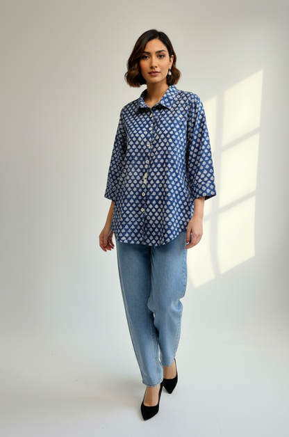 Maati  Blue Meadow Handblock Printed  Everyday Cotton Shirt