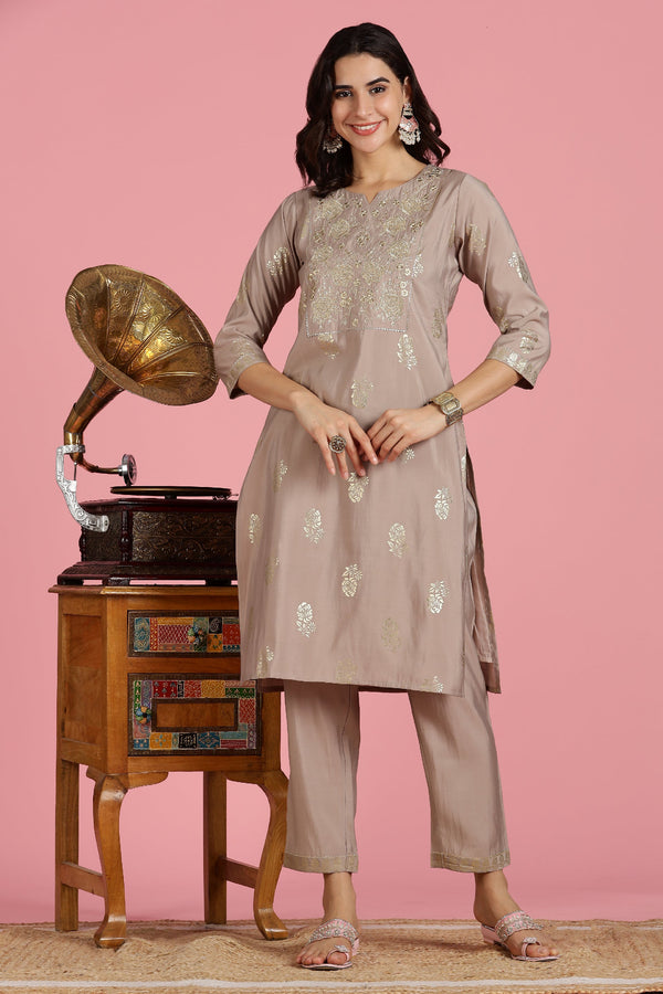 Mocha Mousse Modal Chanderi Embroidered Kurta,Pant and Chiffon Dupatta 3 PCS Set-LP