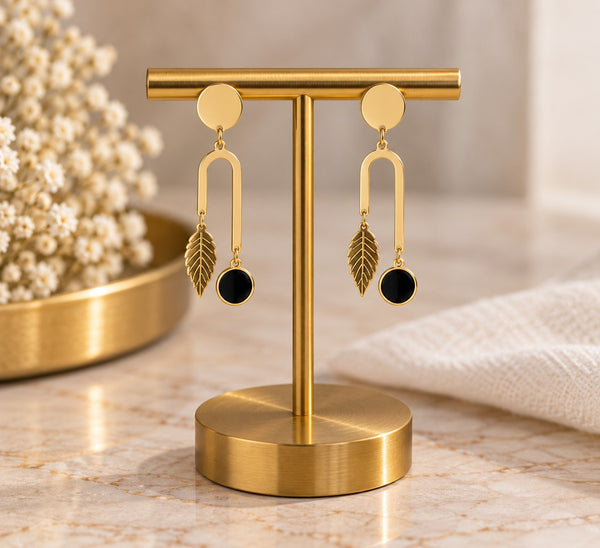 Gold Tone Geometric Drop Earrings with Black Stone and Leaf Charms LP- 48Hr Delivery