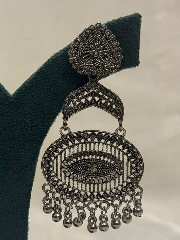 Oxidised Metal Oval Filigree Hanging Earrings with Bead Drops